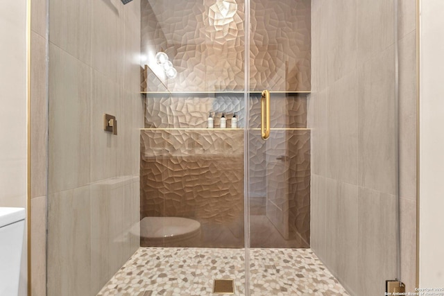 full bathroom with a shower stall and toilet