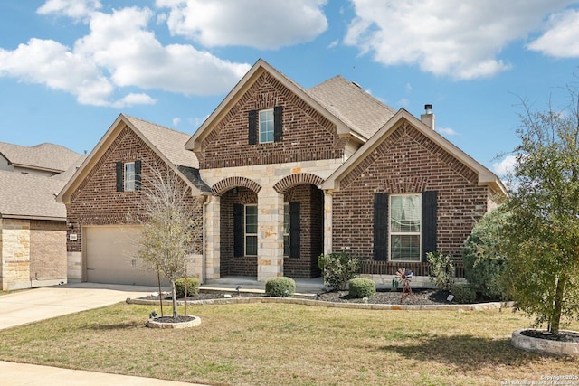 view of front of house featuring driveway, a porch, a front lawn, a garage, and brick siding