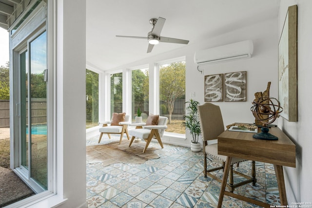 sunroom with a wall mounted air conditioner, lofted ceiling, and ceiling fan