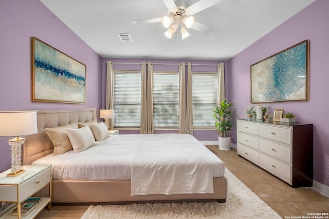 bedroom featuring multiple windows, baseboards, visible vents, and light tile patterned floors