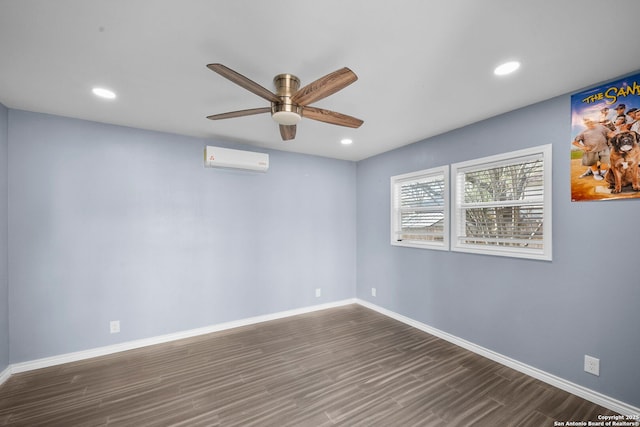 empty room featuring baseboards, a wall mounted air conditioner, recessed lighting, wood finished floors, and a ceiling fan