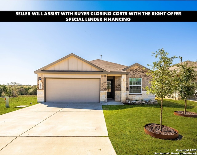 view of front facade with a front yard, driveway, a garage, board and batten siding, and brick siding