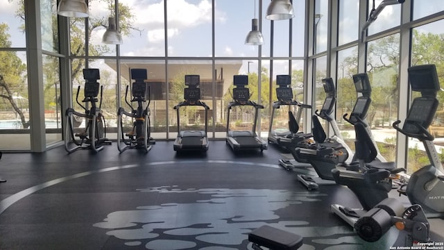 gym featuring floor to ceiling windows