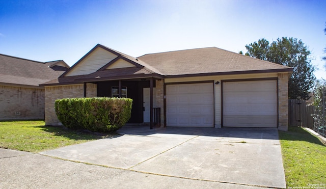 single story home featuring fence, driveway, roof with shingles, a garage, and brick siding