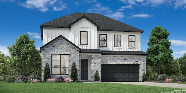 view of front of home featuring board and batten siding, a front lawn, concrete driveway, stone siding, and an attached garage