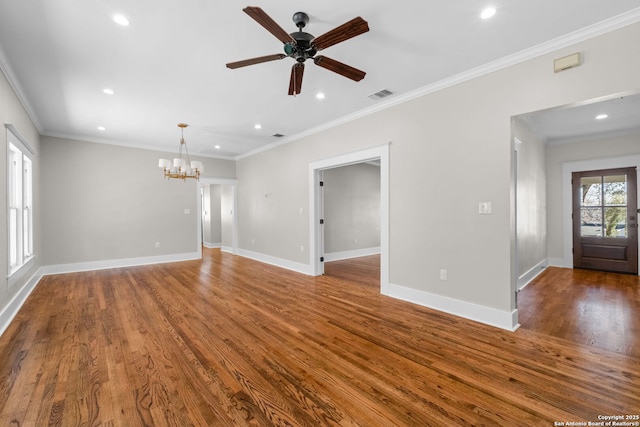 unfurnished living room with wood finished floors, visible vents, baseboards, crown molding, and ceiling fan with notable chandelier