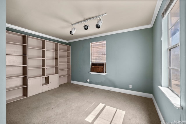 spare room featuring rail lighting, carpet flooring, baseboards, and ornamental molding