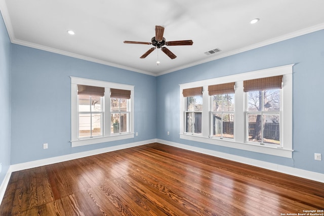 unfurnished room with plenty of natural light, baseboards, dark wood-style flooring, and ceiling fan