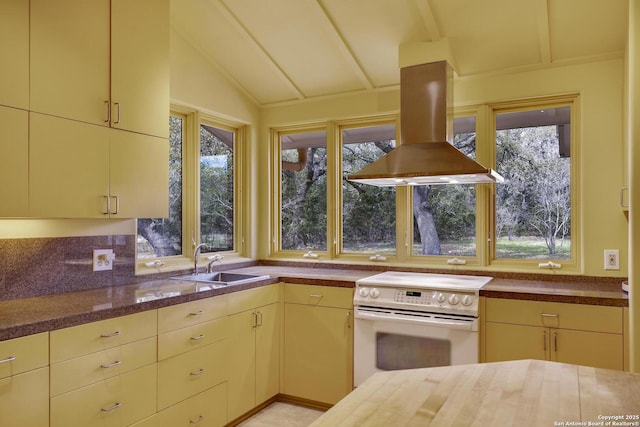 kitchen with island exhaust hood, a healthy amount of sunlight, white electric range oven, and a sink