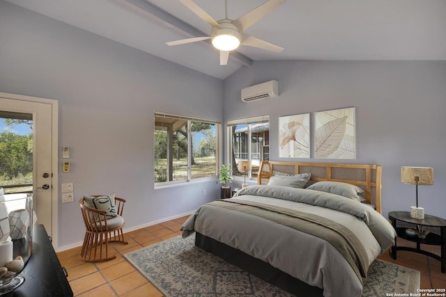 bedroom with light tile patterned floors, high vaulted ceiling, a wall mounted AC, and baseboards