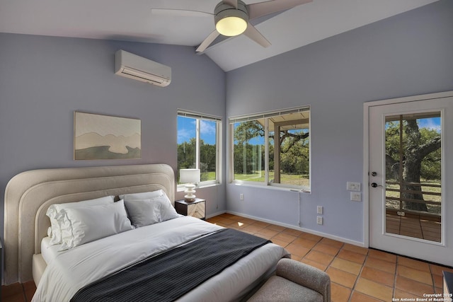 bedroom featuring tile patterned floors, an AC wall unit, a ceiling fan, lofted ceiling with beams, and baseboards