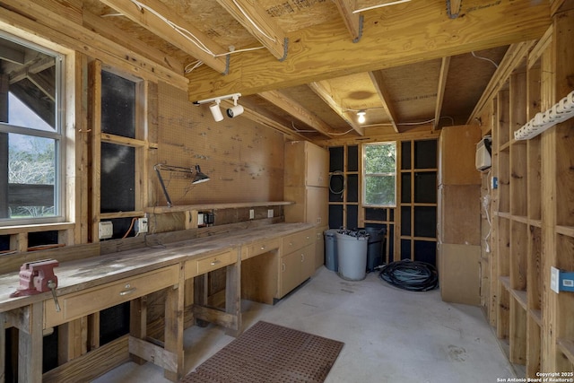 miscellaneous room featuring a workshop area and concrete floors