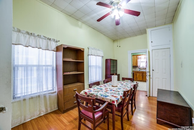 dining space featuring wood finished floors and ceiling fan