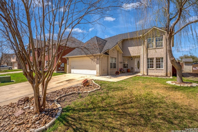 traditional-style house with concrete driveway, an attached garage, brick siding, and a front lawn