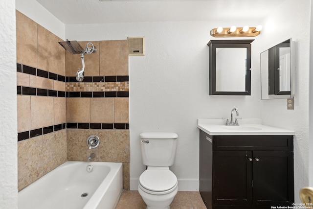 full bathroom with vanity, toilet, shower / bath combination, and baseboards