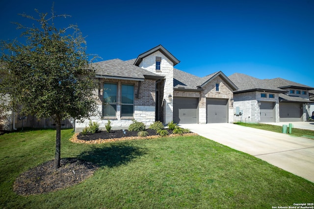 view of front of house featuring stone siding, concrete driveway, a front yard, a shingled roof, and a garage