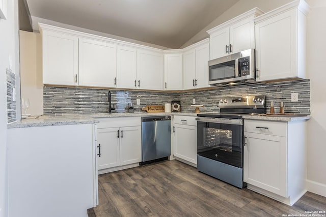 kitchen with a sink, backsplash, vaulted ceiling, appliances with stainless steel finishes, and dark wood-style flooring