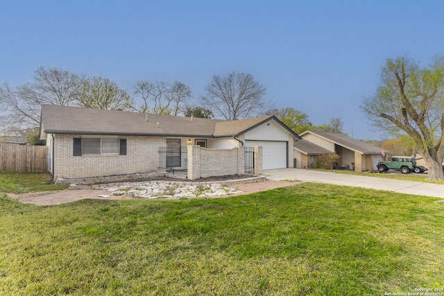 ranch-style home with brick siding, a front lawn, fence, concrete driveway, and an attached garage