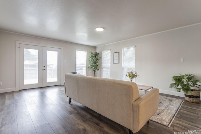 living room featuring french doors, baseboards, and dark wood-type flooring