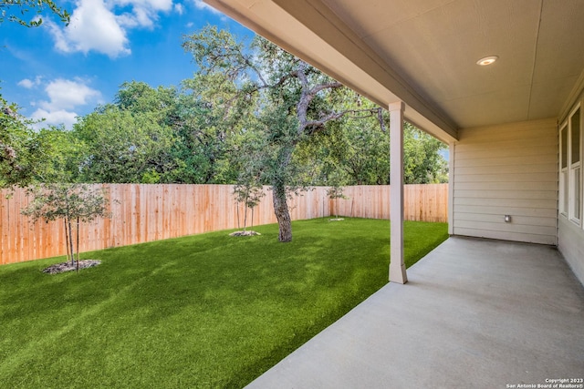 view of yard with a patio area and a fenced backyard