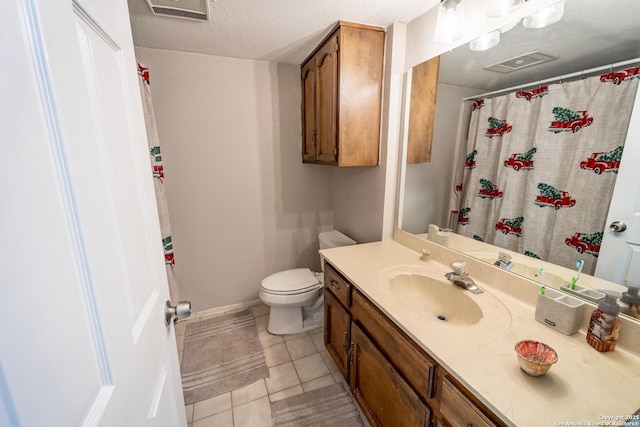 full bath featuring vanity, visible vents, tile patterned flooring, a textured ceiling, and toilet