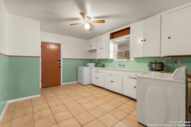 kitchen with decorative backsplash, light countertops, a ceiling fan, and white cabinetry