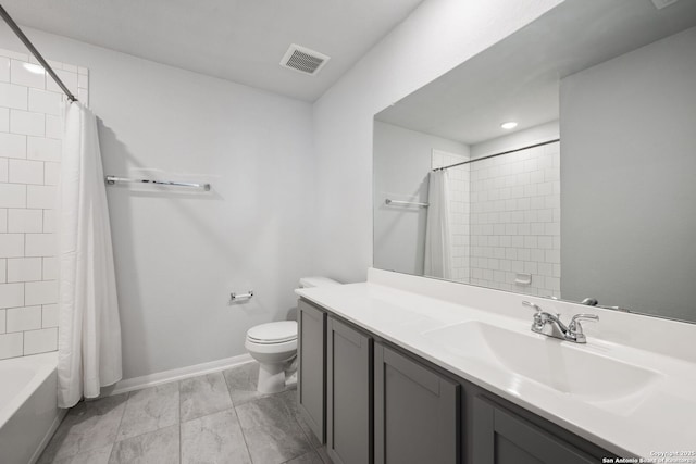 bathroom featuring visible vents, baseboards, toilet, vanity, and shower / bathtub combination with curtain