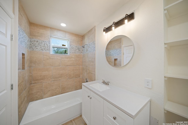 full bath with vanity, recessed lighting, and shower / bathtub combination