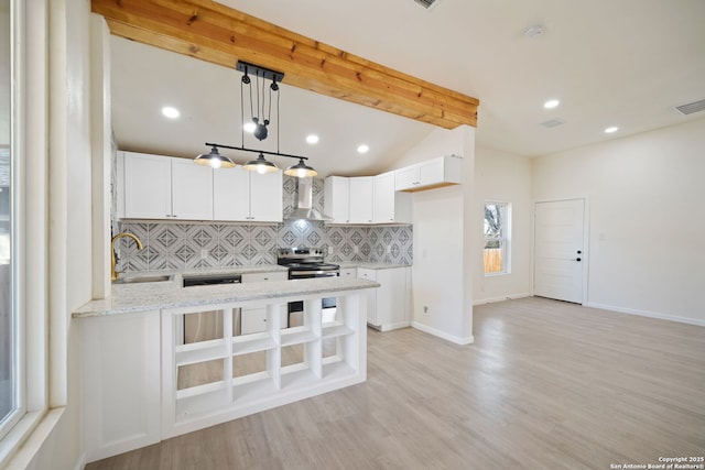 kitchen featuring tasteful backsplash, wall chimney range hood, a peninsula, electric stove, and a sink