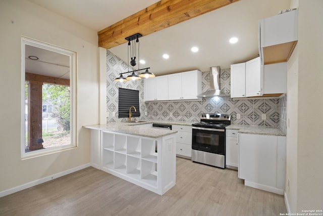 kitchen featuring stainless steel electric range oven, open shelves, a sink, wall chimney exhaust hood, and backsplash