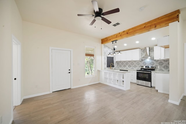 kitchen featuring tasteful backsplash, visible vents, wall chimney range hood, beamed ceiling, and stainless steel range with electric stovetop