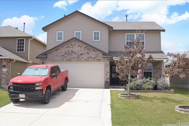 view of front of property featuring a front yard, driveway, an attached garage, a shingled roof, and brick siding