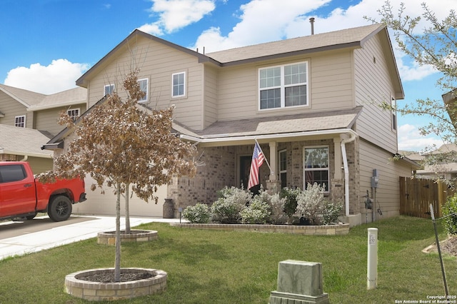 traditional home with fence, roof with shingles, concrete driveway, a front yard, and brick siding