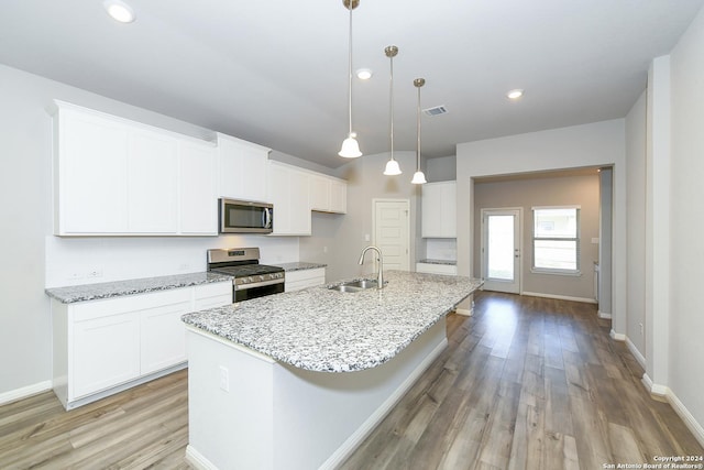 kitchen featuring white cabinetry, light wood finished floors, appliances with stainless steel finishes, and a sink