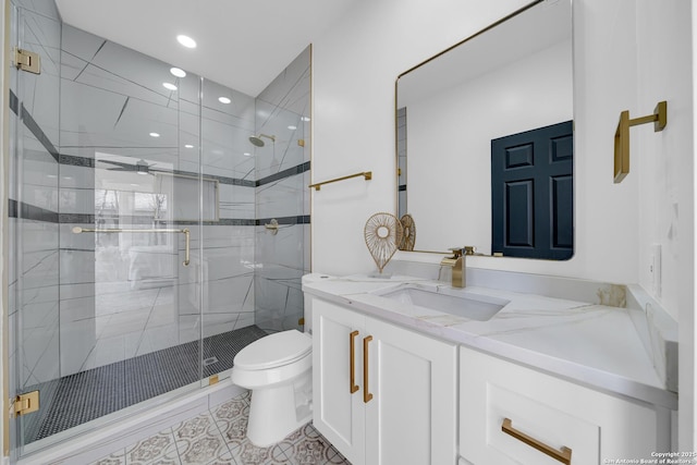 full bath with tile patterned flooring, a shower stall, toilet, recessed lighting, and vanity