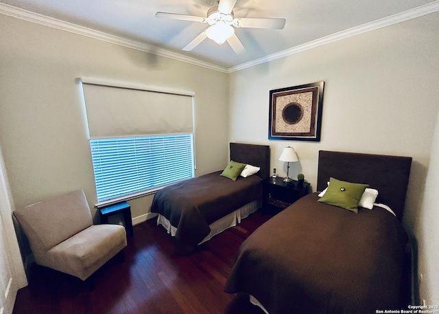 bedroom featuring ceiling fan, wood finished floors, and ornamental molding