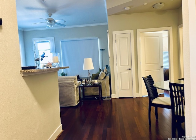 interior space featuring ceiling fan, baseboards, crown molding, and dark wood-type flooring