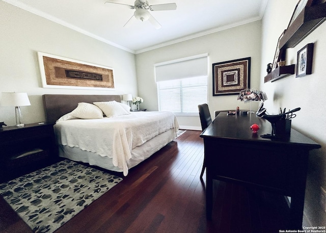 bedroom with dark wood finished floors, baseboards, ceiling fan, and ornamental molding