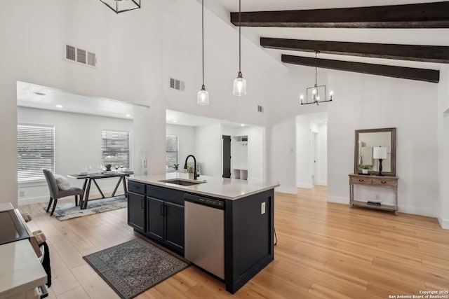 kitchen with visible vents, dark cabinets, light wood-type flooring, stainless steel dishwasher, and a sink