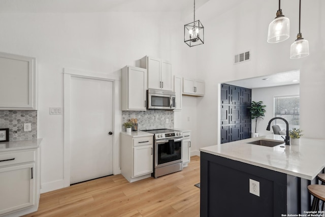 kitchen with visible vents, light wood finished floors, a breakfast bar, a sink, and appliances with stainless steel finishes