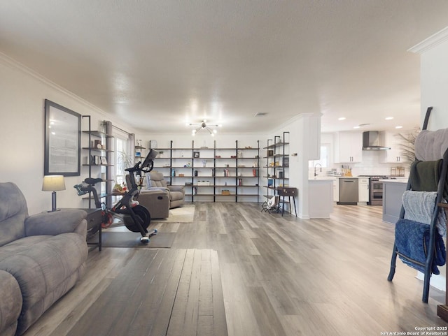 exercise room featuring crown molding, visible vents, light wood finished floors, and a sink