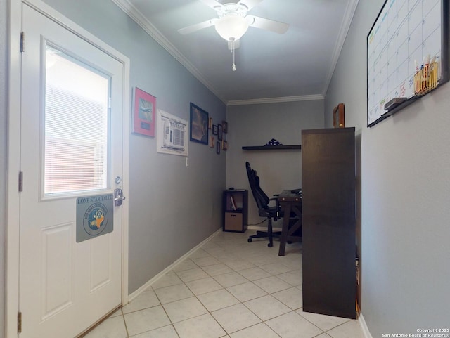 office area with a wall mounted AC, crown molding, light tile patterned floors, baseboards, and ceiling fan