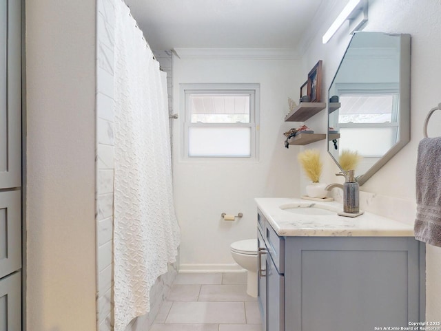 bathroom featuring toilet, ornamental molding, a shower with curtain, tile patterned floors, and vanity