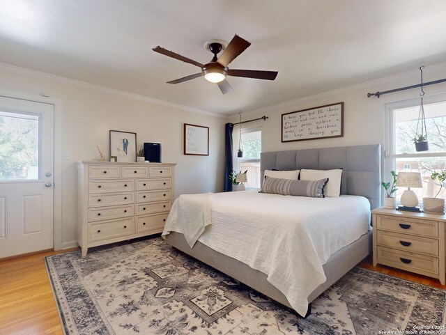 bedroom featuring light wood-type flooring, ornamental molding, and a ceiling fan