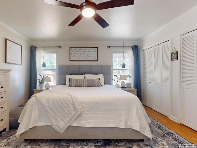 bedroom featuring multiple windows, ceiling fan, light wood-style floors, and ornamental molding