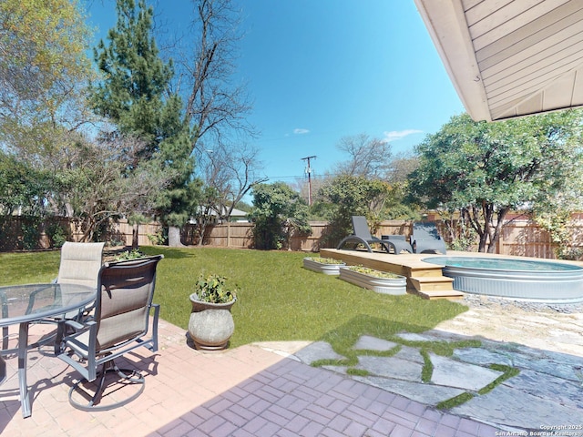 view of patio featuring a fenced in pool, outdoor dining area, and a fenced backyard