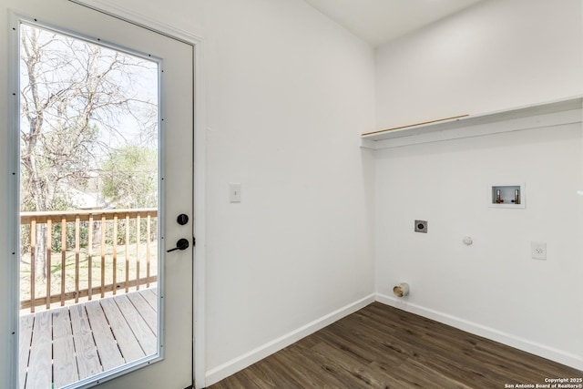 clothes washing area featuring hookup for a washing machine, a healthy amount of sunlight, laundry area, dark wood-style flooring, and electric dryer hookup