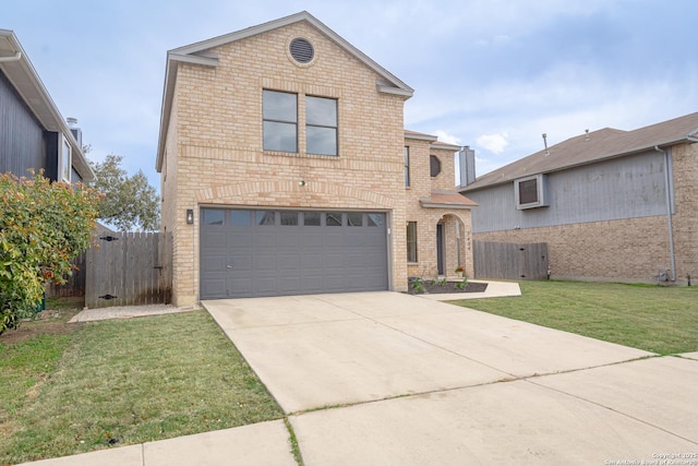 traditional-style house with brick siding, a front lawn, fence, a garage, and driveway