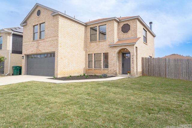 view of front of home featuring fence, concrete driveway, a front yard, a garage, and brick siding