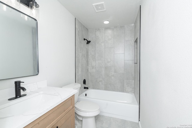 full bathroom featuring visible vents, shower / bathtub combination, toilet, and vanity